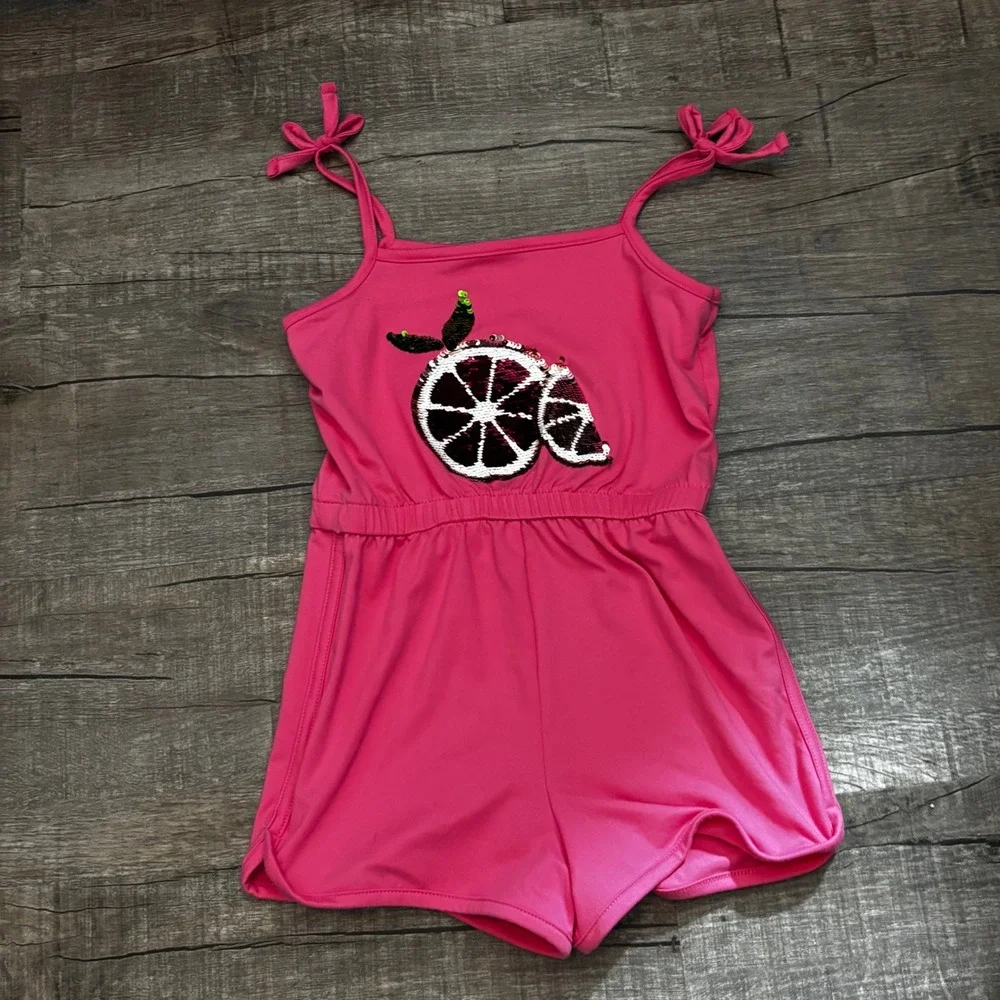 Btween Girls Pink Sequined Citrus Fruit Spaghetti‎ Strap Romper Size 6